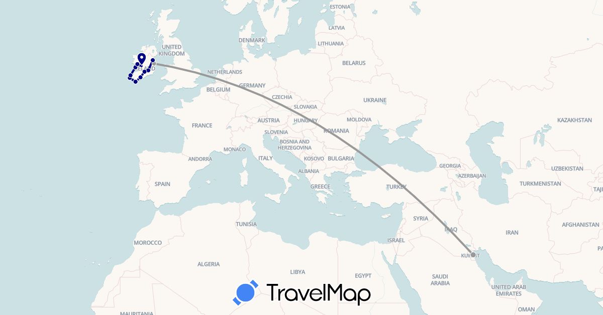 TravelMap itinerary: driving, plane in Ireland, Kuwait (Asia, Europe)