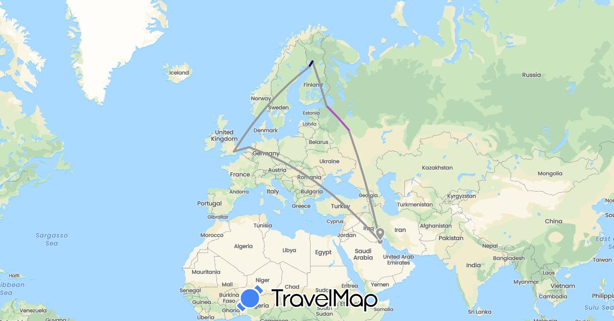 TravelMap itinerary: driving, plane, train in Finland, United Kingdom, Kuwait, Netherlands, Russia (Asia, Europe)