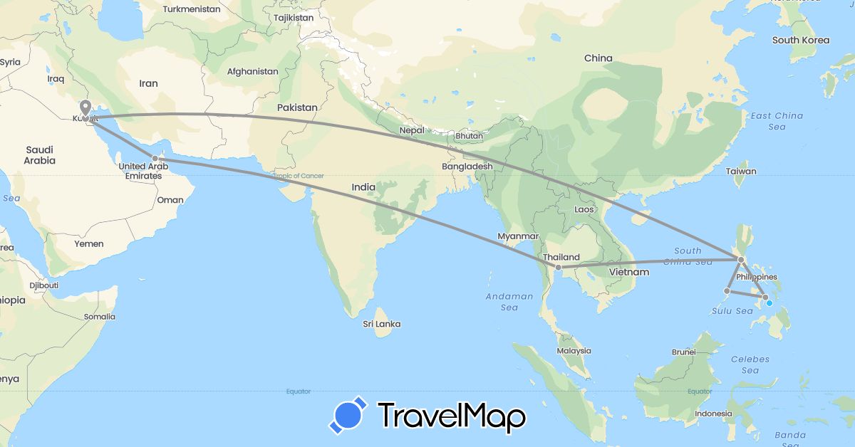 TravelMap itinerary: driving, plane, boat in United Arab Emirates, Kuwait, Philippines, Thailand (Asia)